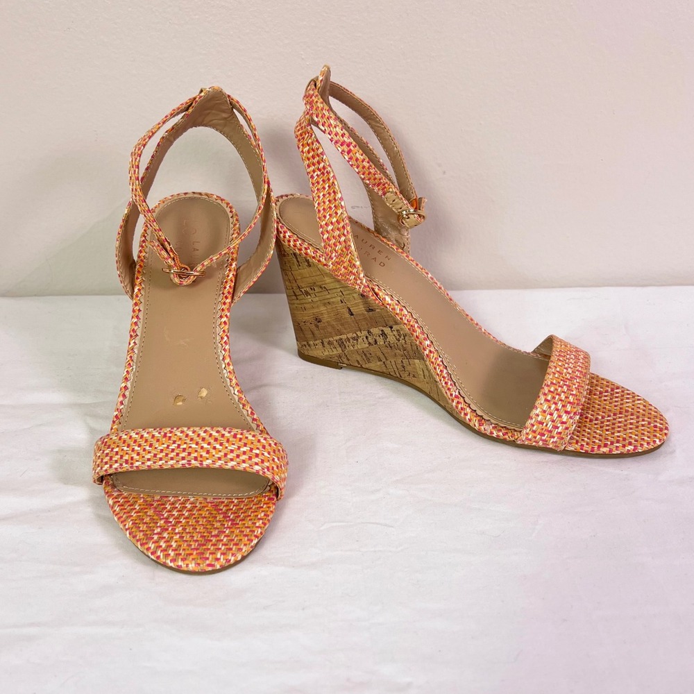 LC Lauren Conrad Wedge Sandals 10 Coral Woven Cork Strappy Boho Summer 160089